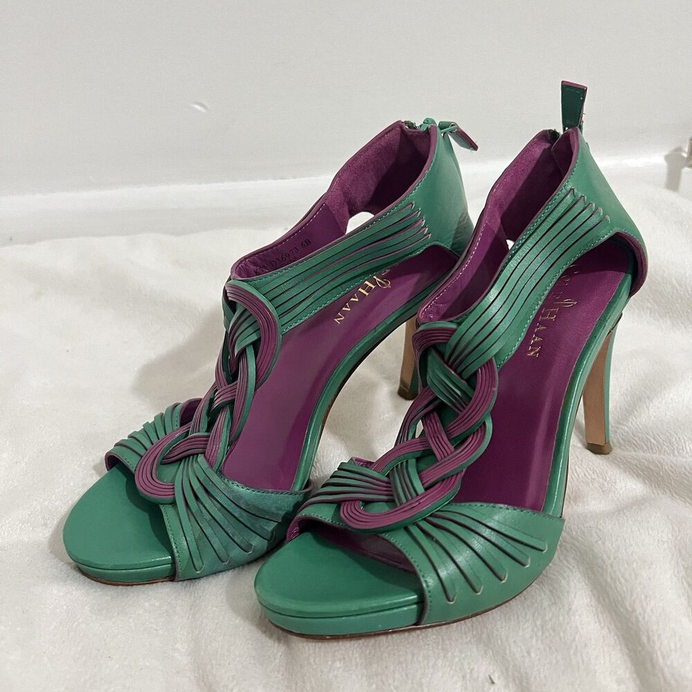 Cole‎ Haan Vivian Air High Heel Sandal Size 6 B Green Purple Braided Party Artsy